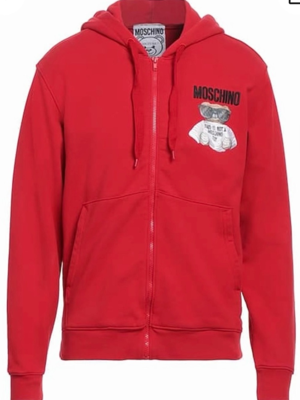 MOSCHINO red hooded zip-up sweatshirt with bear “this is not a toy” embroidery
